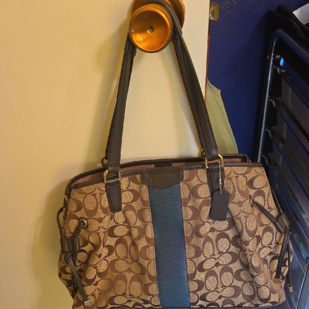 Coach Brown Signature Shoulder Bag with Blue Center Stripe